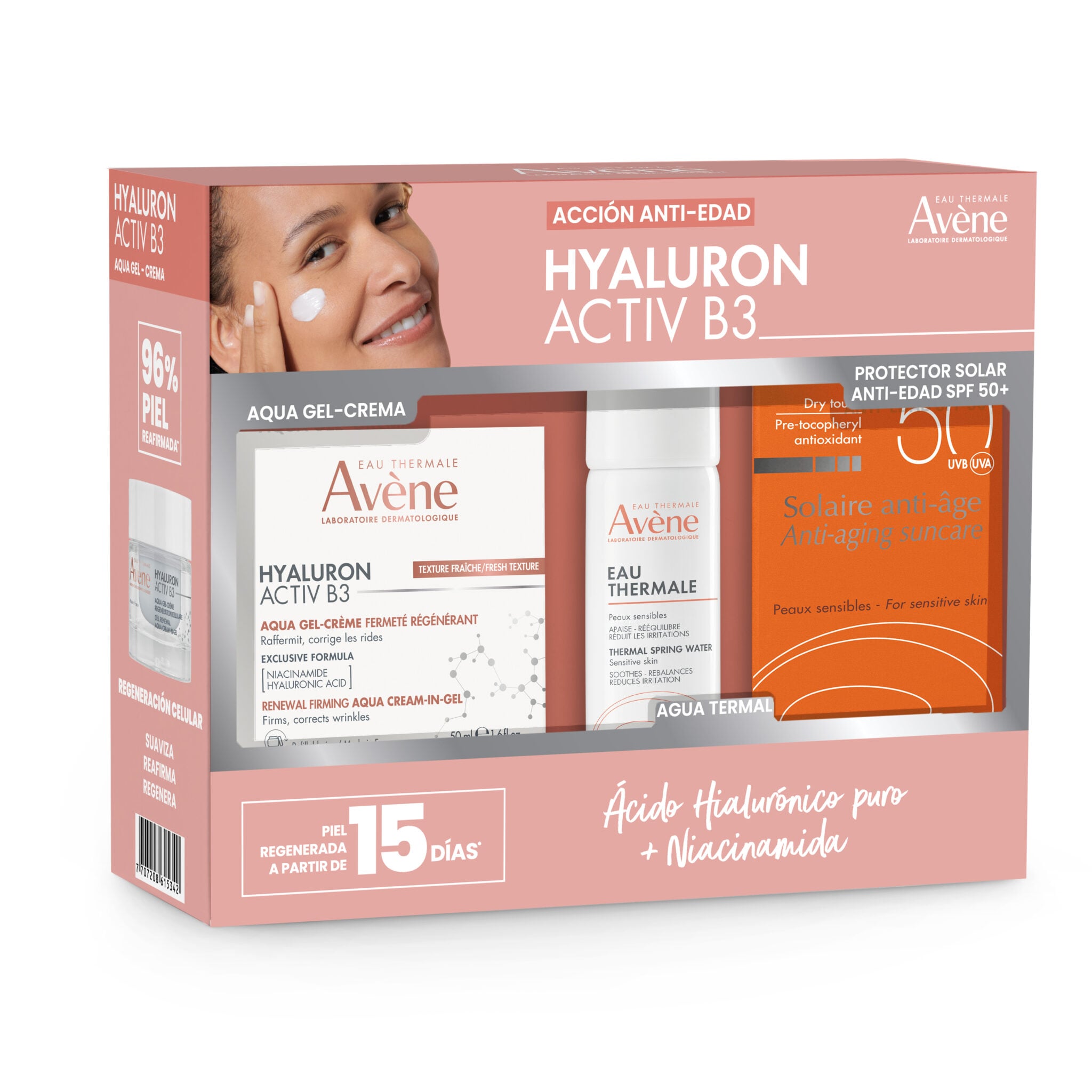 Kit Hyaluron Activ B3 Aqua Gel  X 50 Ml + Solar Antiedad Emulsión X 50Ml + Agua Thermal X 50Ml Avene