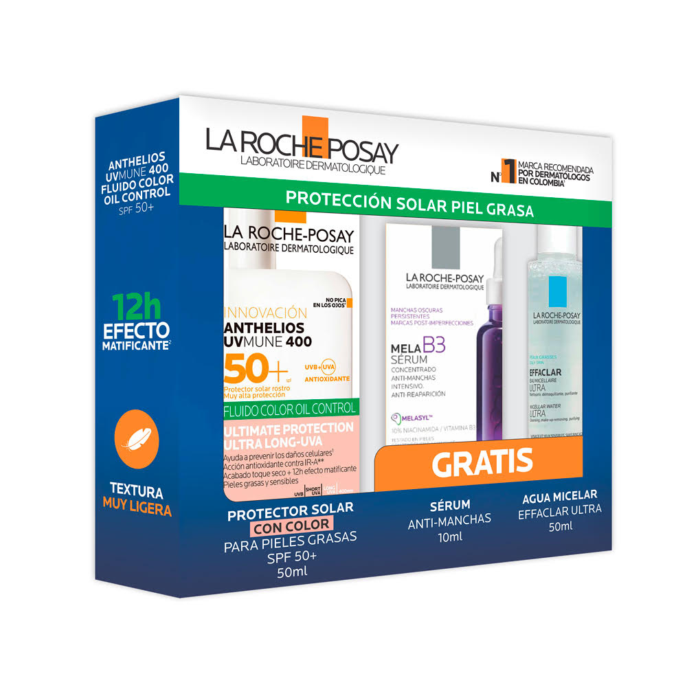 Kit Anthelios Uvmune 400 Oil Control Fluido Con Color X 50 Ml + Mela B3 X10ml + Effaclar Agua Micelar X50ml